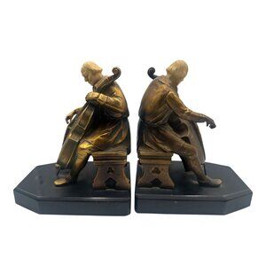 JB Hirsch Antique J. Ruhl 1932 Cellist Bookends Bronzed Spelter & Ivorine Heads